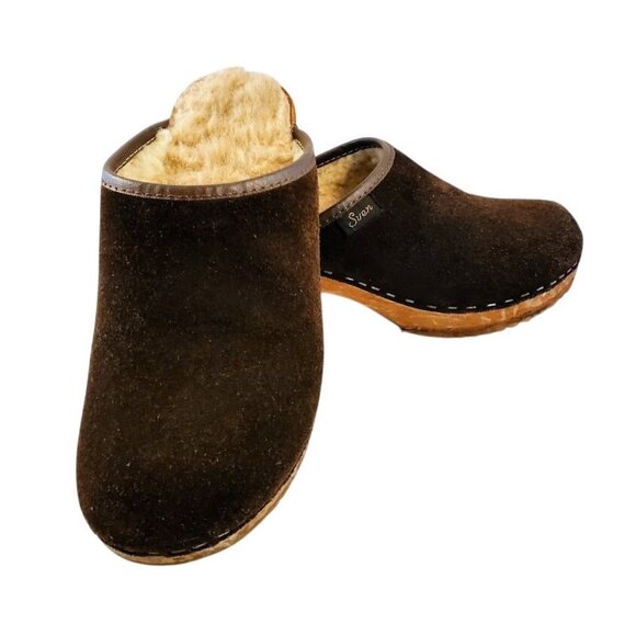 Sven Swedish Shearling Clogs Brown Suede Wood Sole Slip-On Mules 36 - Picture 1 of 10